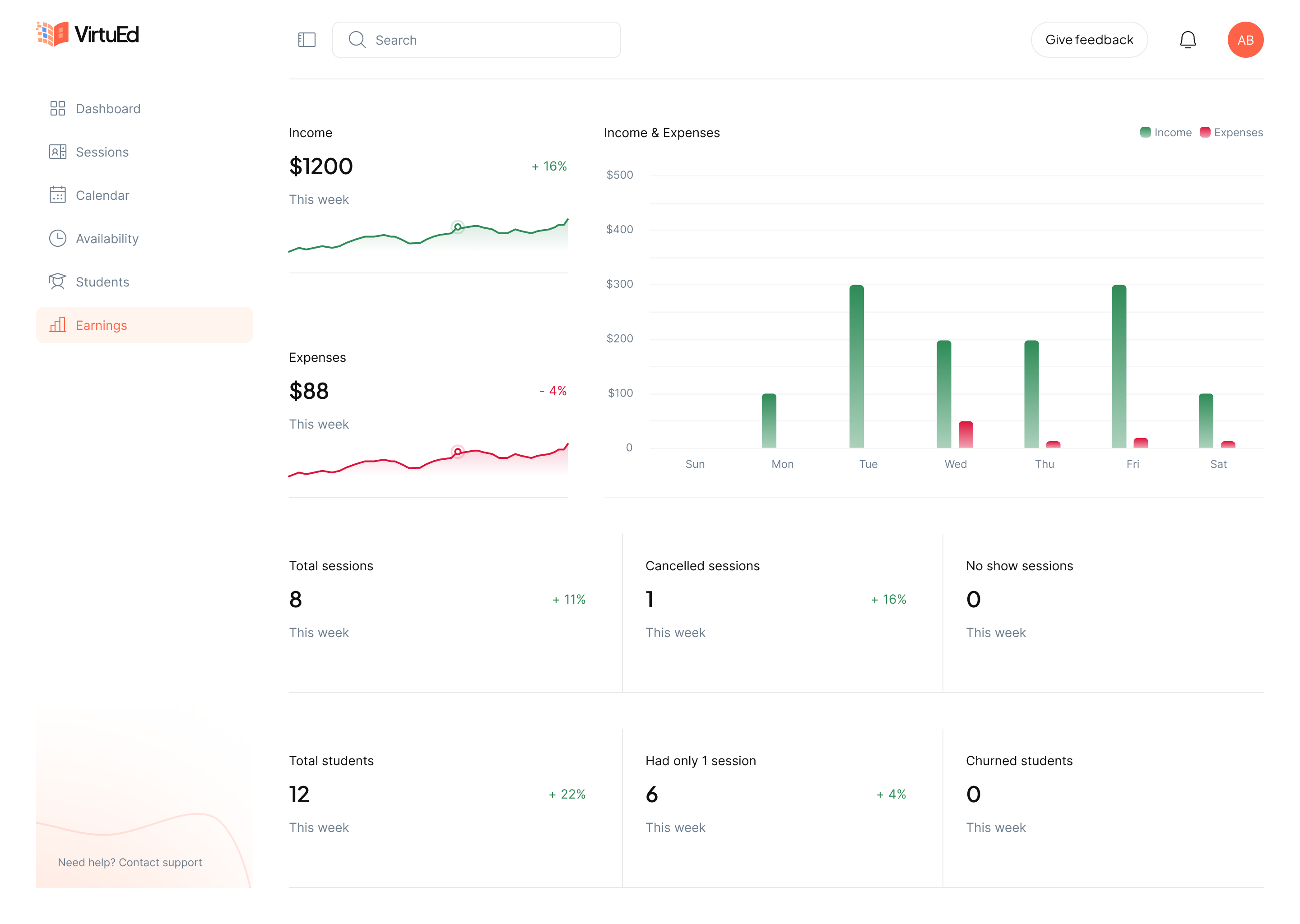 VirtuEd Product Earnings View